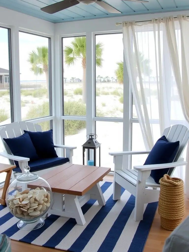 A coastal screened-in porch with white chairs, a blue ceiling, palm trees outside, and a striped rug.