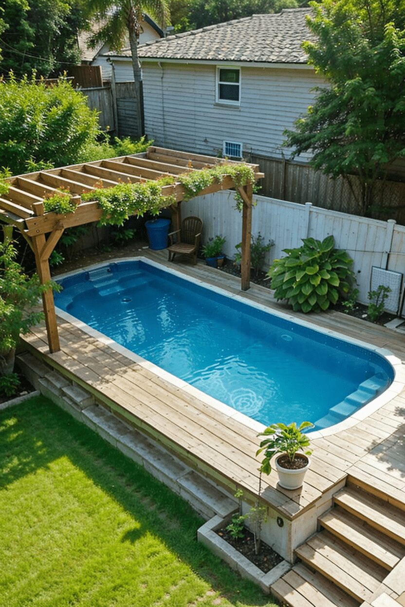 backyard pool with pergola and fence-