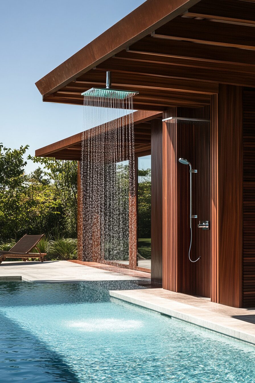 Pool house. Indoor-outdoor mahogany shower next to a minimalist changing cabana overlooking panoramic pool.