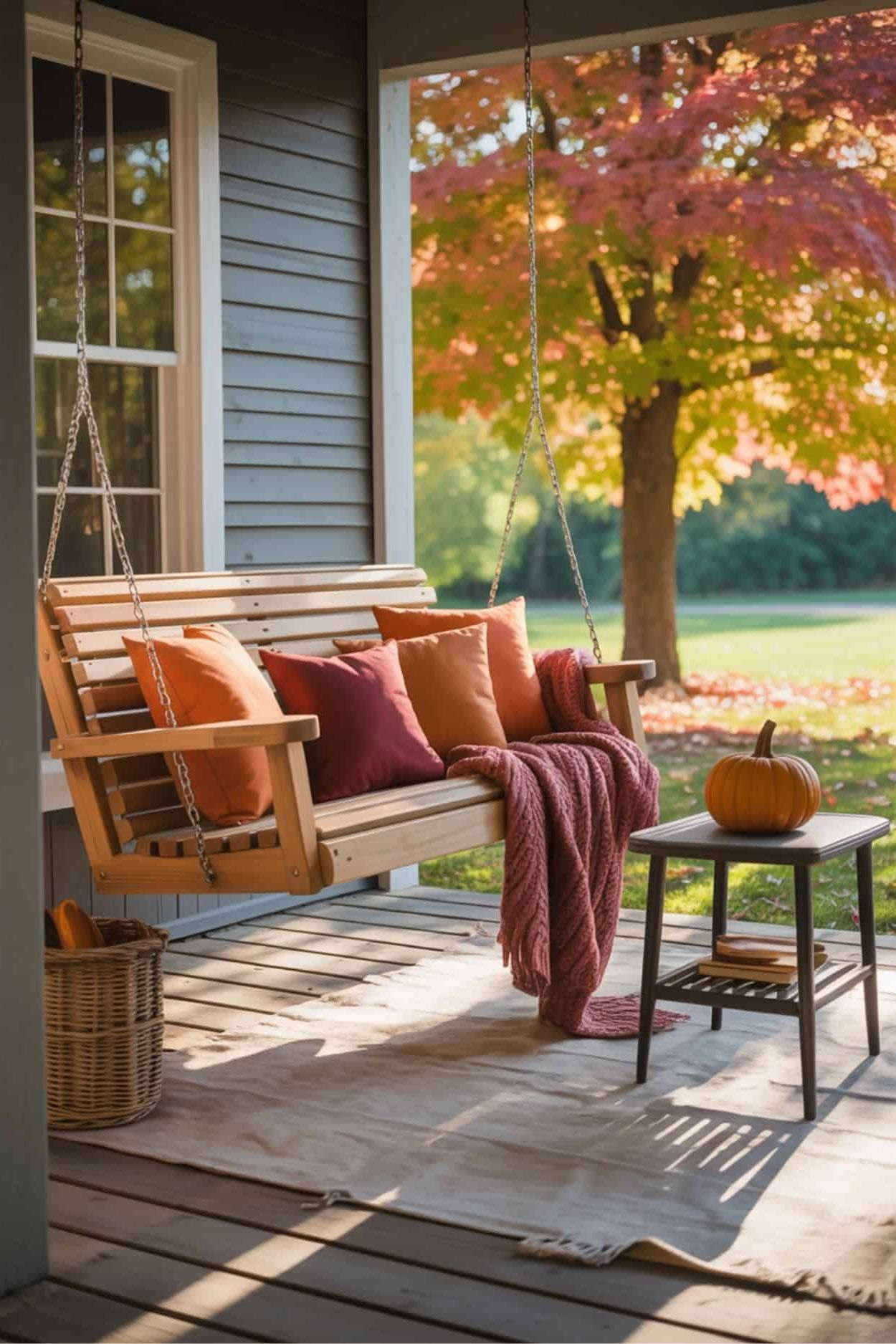 Porch Swing with Fall Pillows and a Cozy Throw