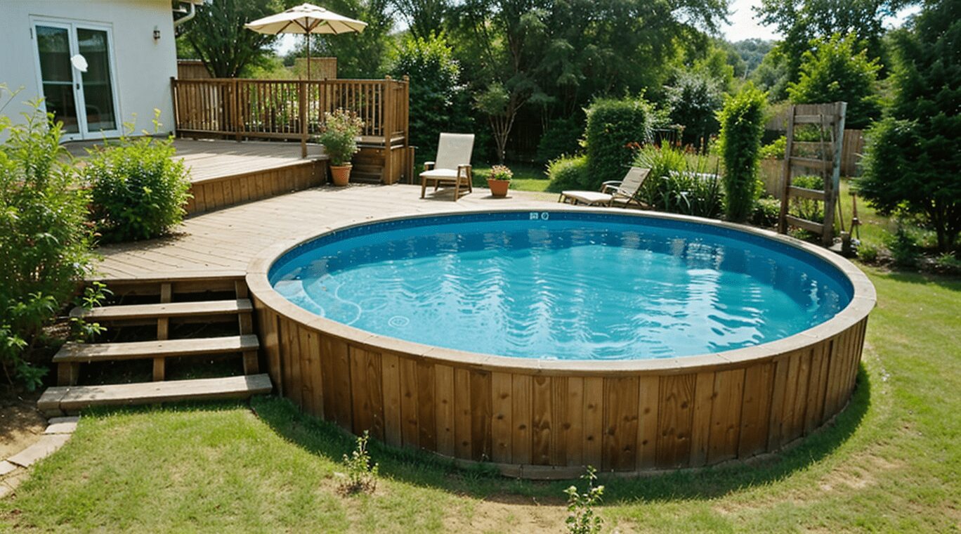 Aerial view of a multi-level deck around an above-ground pool with distinct zones for lounging, dining, and sunbathing, featuring built-in seating with storage and lush surrounding greenery