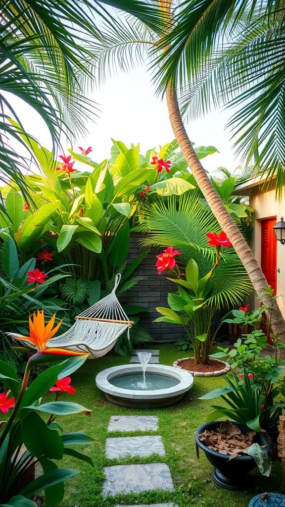 A lush tropical garden with palm trees, bright flowers, a hammock, and a small water fountain.