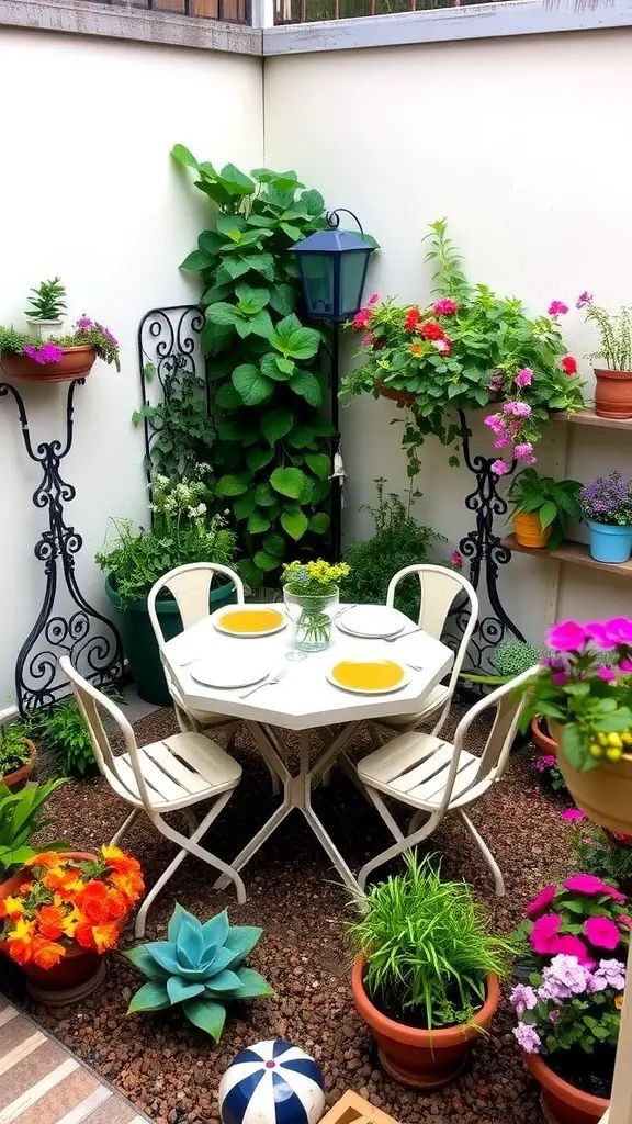 A small garden with a circular table and chairs surrounded by flowers and greenery.