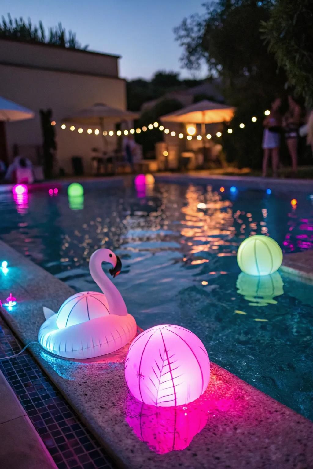 Neon glow elements create a visually stunning pool party ambiance.