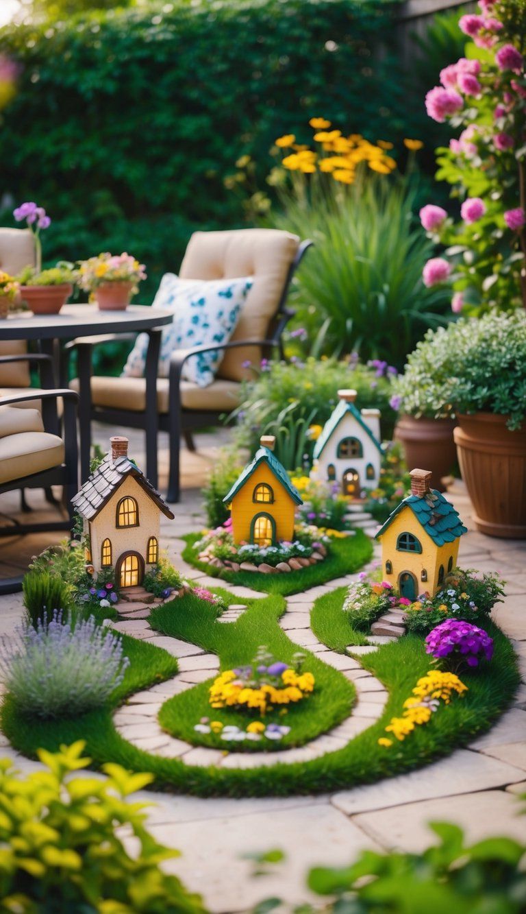 A whimsical fairy garden with tiny houses, colorful flowers, and winding paths nestled among lush greenery on a cozy backyard patio