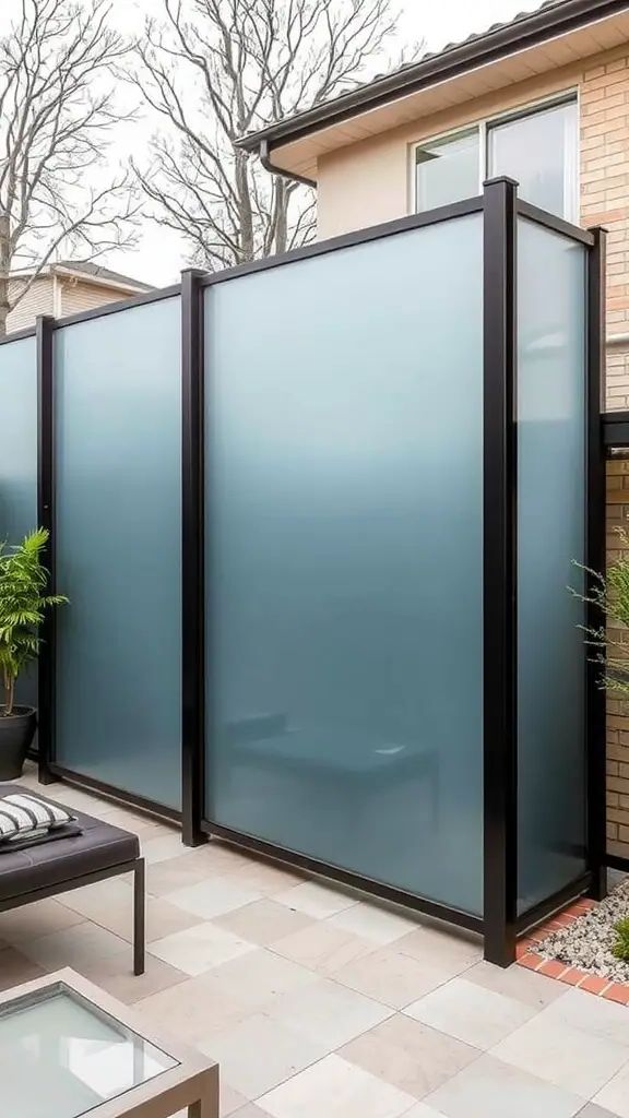 A modern privacy fence with frosted glass panels, showcasing a cozy seating area beyond.