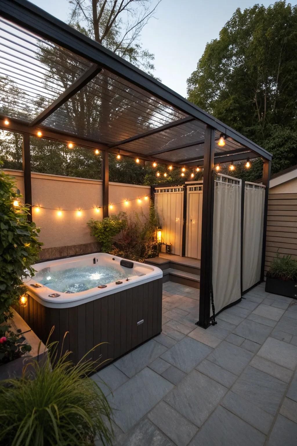 A hot tub adds luxury to the patio experience.