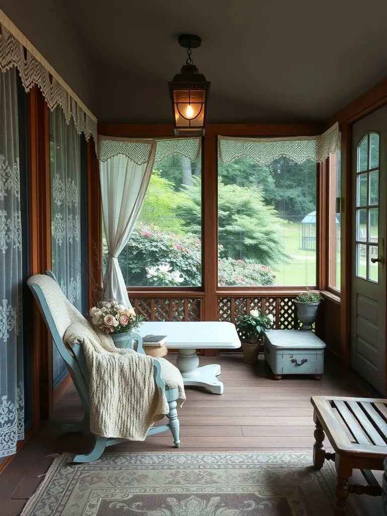 Cozy vintage-inspired screened porch with antique furniture and lace curtains