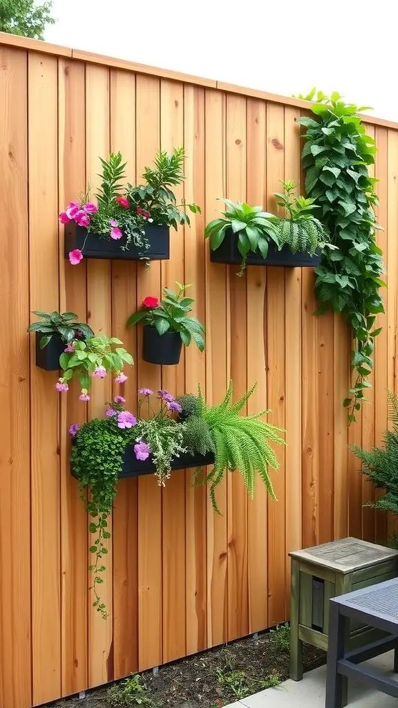A wooden privacy fence with vertical planters filled with flowers and greenery.