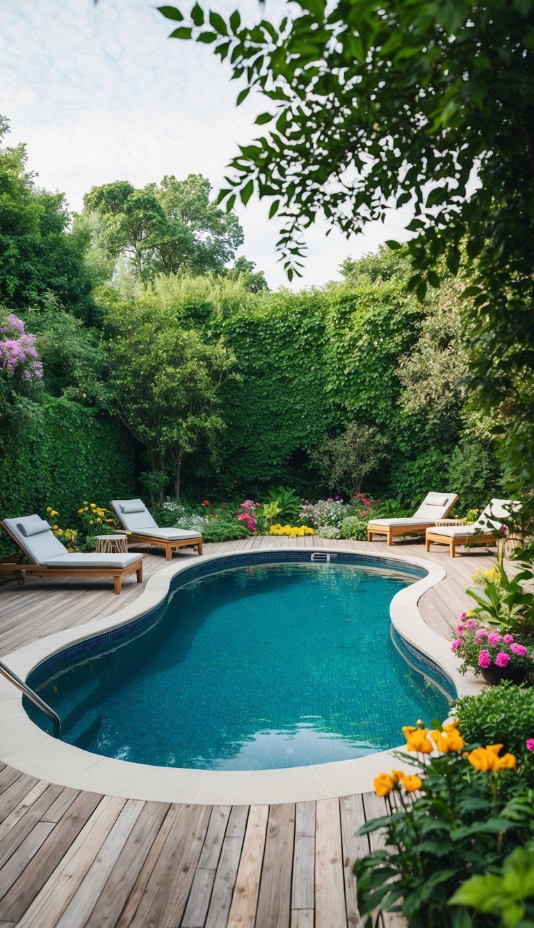A kidney-shaped pool surrounded by lush greenery and colorful flowers, with a wooden deck and lounge chairs for relaxation