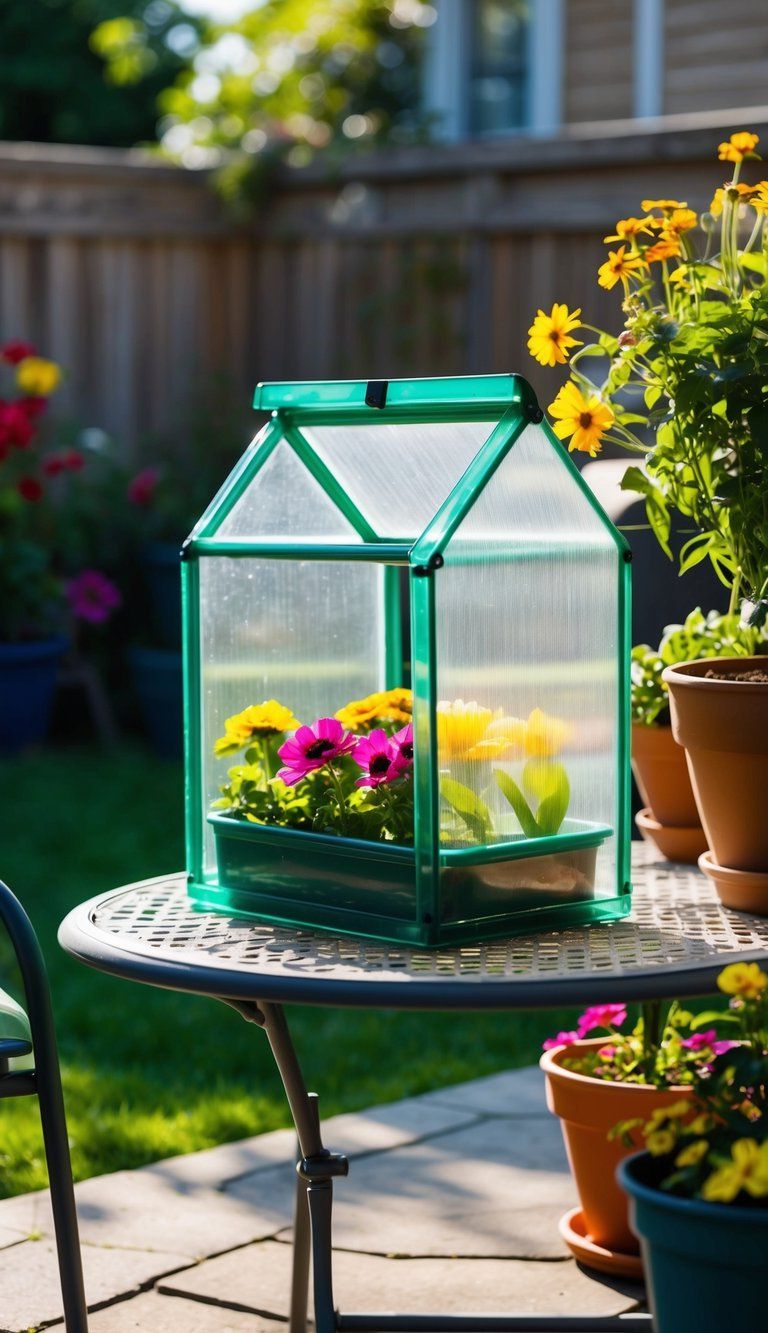 A small, transparent mini greenhouse sits on a backyard patio surrounded by potted plants and colorful flowers. The sun shines down, casting shadows inside the greenhouse