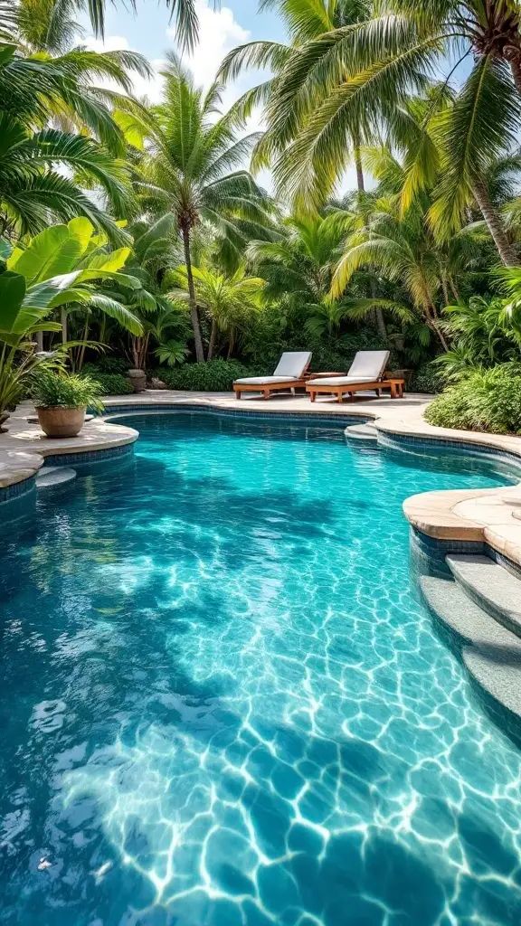 Small backyard pool with beach entry surrounded by palm trees and lounge chairs.
