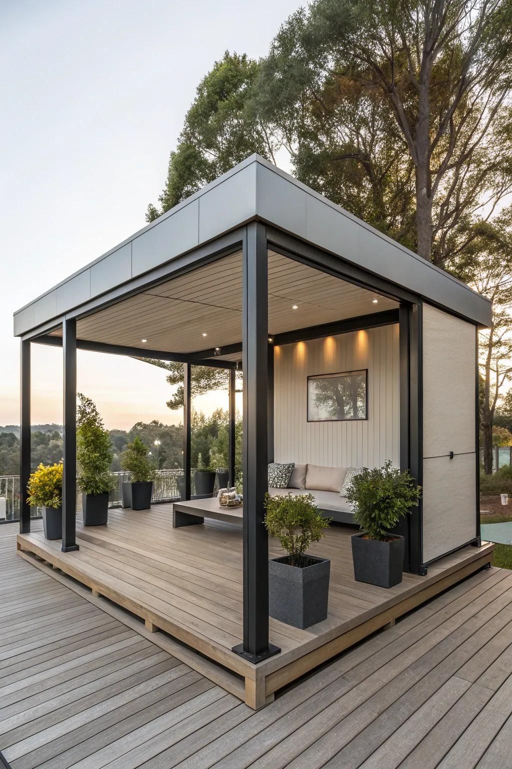 Sleek and simple, a modern minimalist gazebo complements any deck.