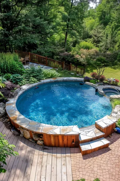 Aerial View of Above-Ground Pool with Rustic Stone Surround