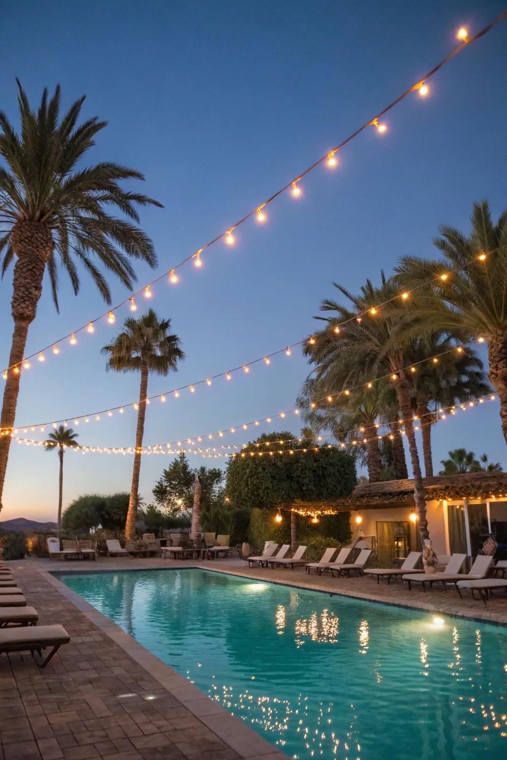 Zig-zag string lights bring a playful touch to your pool area.