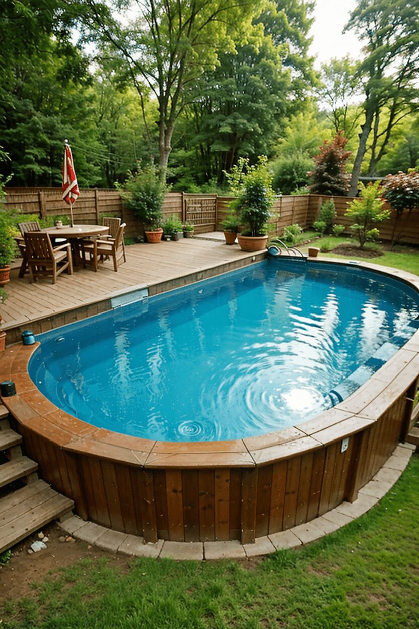 view of the multi-level deck next to an above-ground pool, showcasing detailed textures of wood