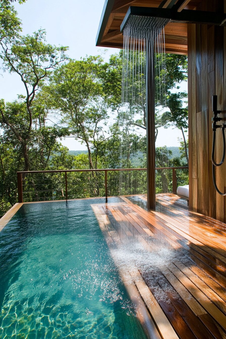 Pool house. Teakwood shower overlooking transparent infinity pool.