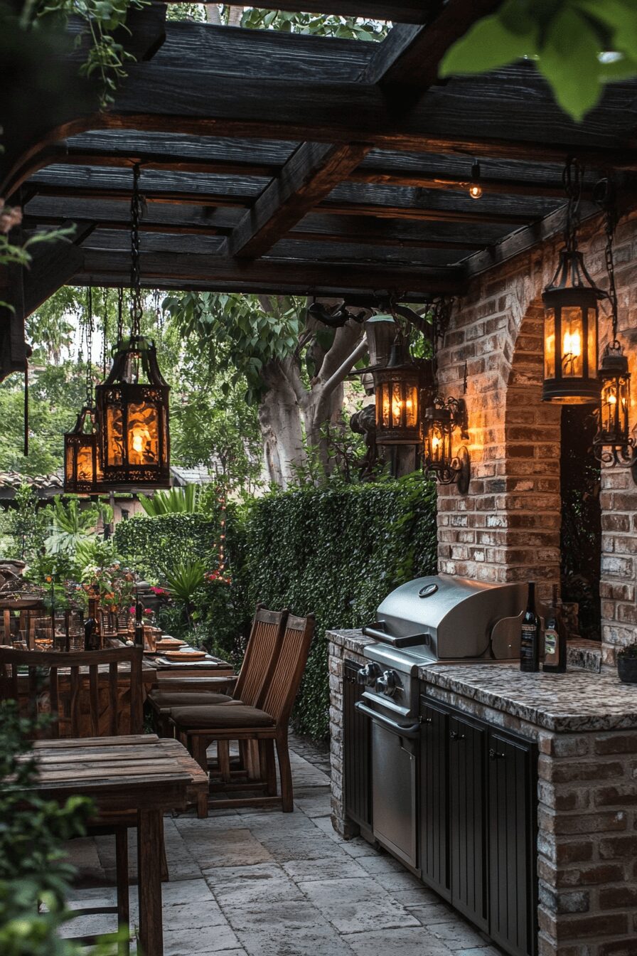 A classic outdoor kitchen featuring a brick-built grill station, stone countertops, and a dining area with wooden furniture, set against a backdrop of a lush garden with hanging lanterns.
