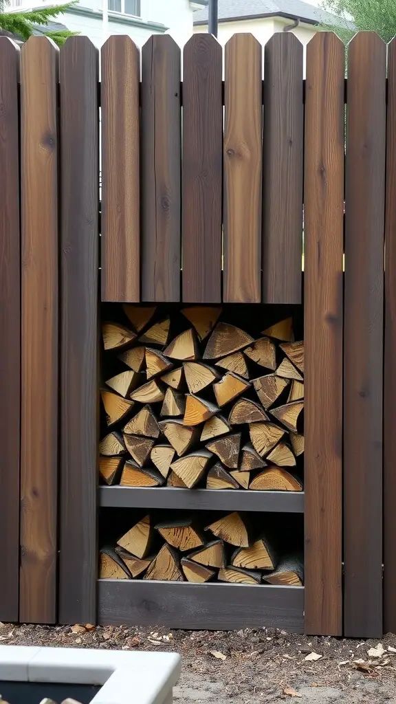 A wooden privacy fence featuring integrated firewood storage with neatly stacked logs.