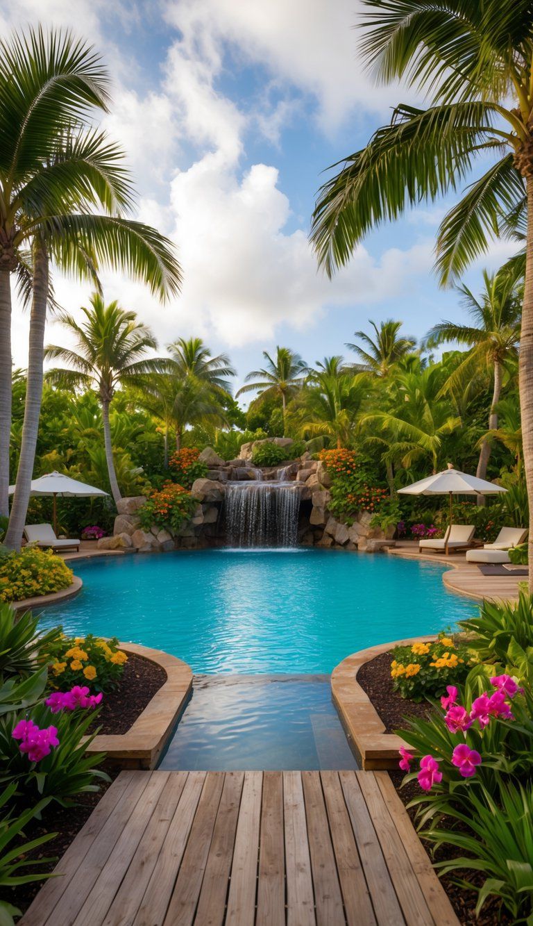 A lush tropical lagoon pool surrounded by palm trees and vibrant flowers, with a cascading waterfall and a wooden deck for lounging and relaxation