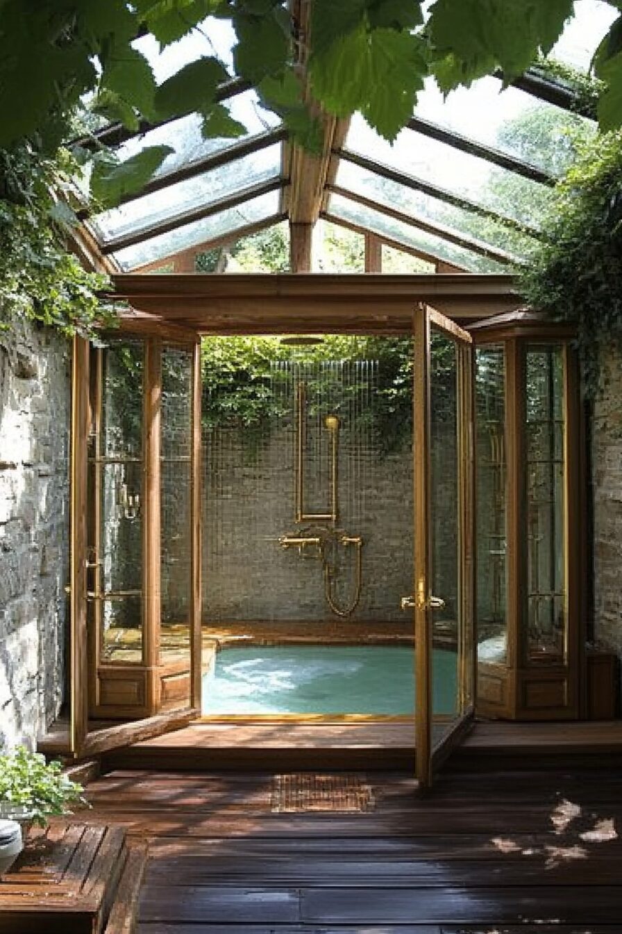 Pool house. Indoor teak shower under glass ceiling with gold fixtures