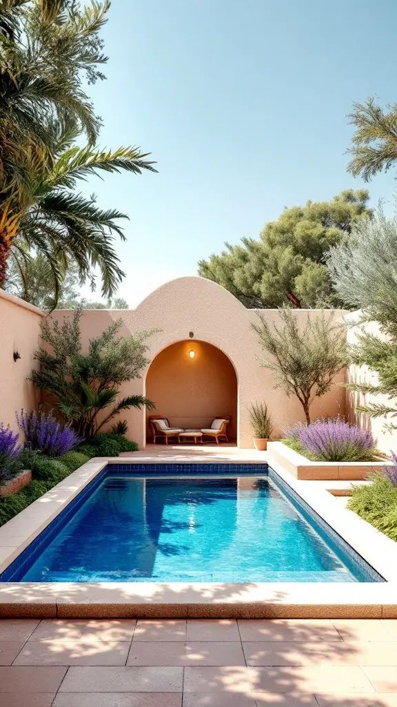 A small Mediterranean-themed pool surrounded by greenery and a cozy seating area.