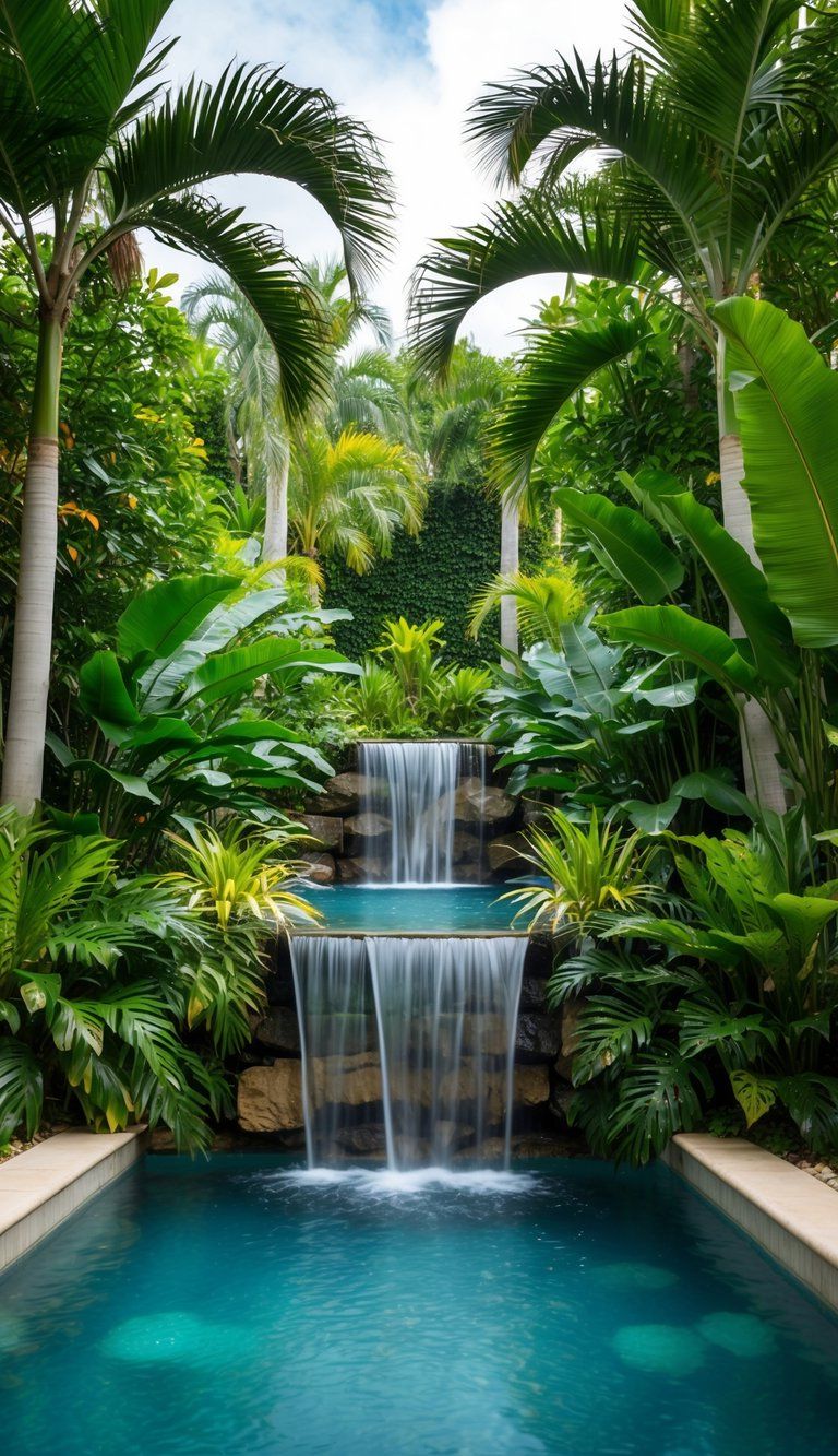 A lush backyard with palm trees, exotic plants, and a cascading waterfall flowing into a serene pool surrounded by tropical foliage