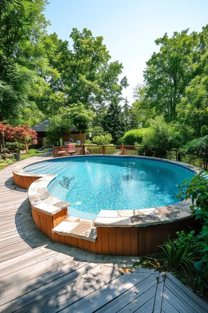 Wide Shot of Backyard with Rustic Stone Surround Above-Ground Pool