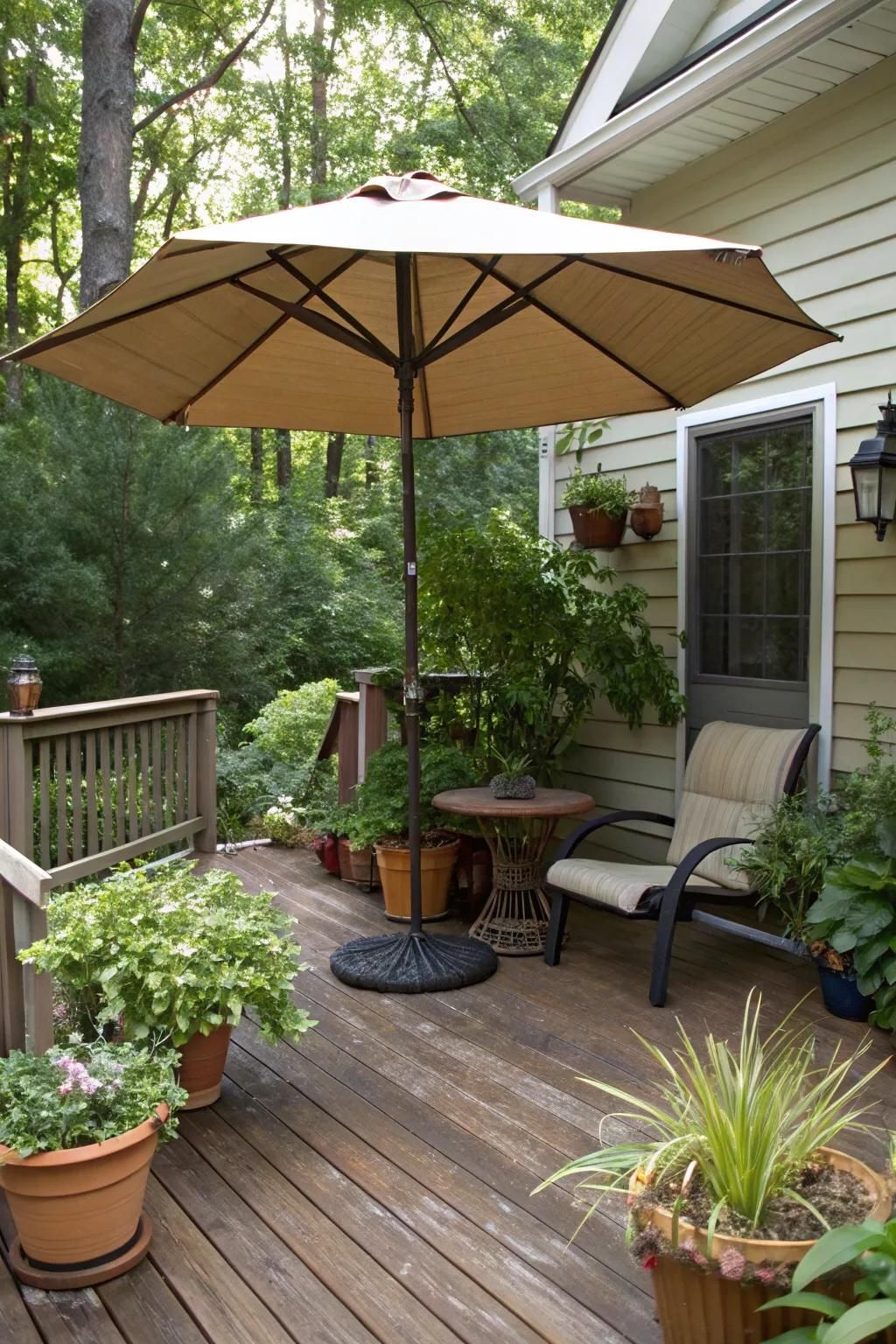 Umbrellas and plants: a simple, effective shade solution.