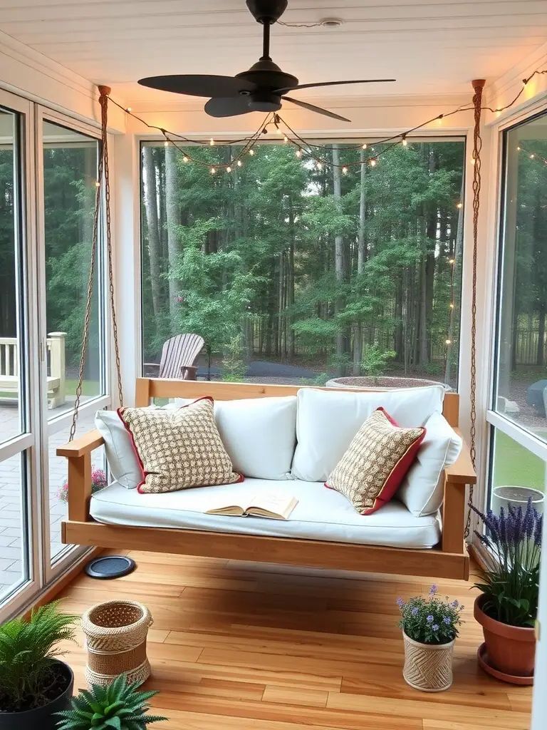 A screened-in porch featuring a built-in swing bed with white cushions and decorative pillows, surrounded by plants and string lights.