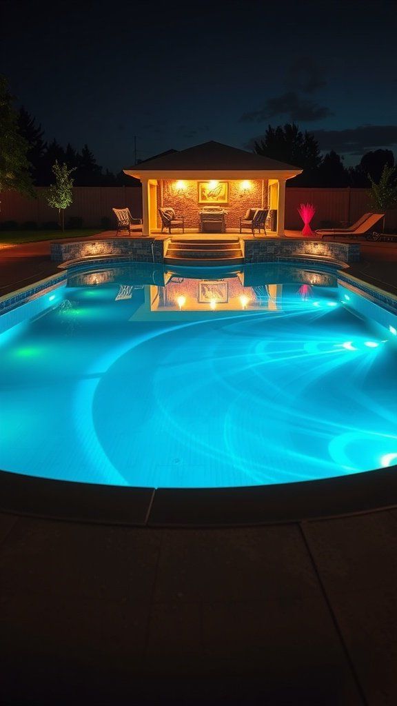 A beautifully illuminated above ground pool at night with cozy seating and ambient lighting.