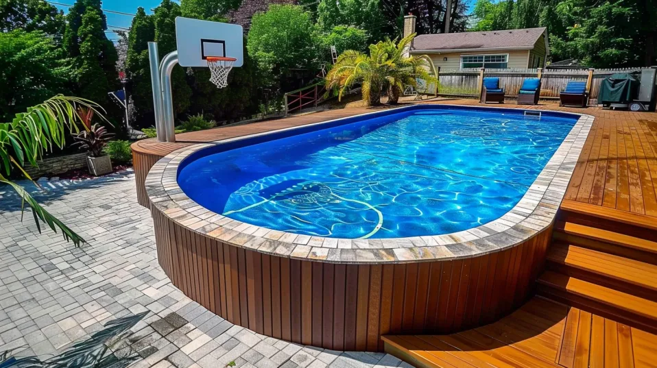 Sporty Pool Upgrade above ground pool with basketball hoop