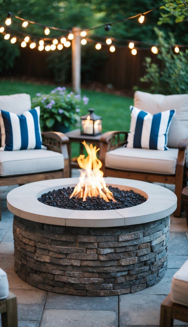 A stone fire pit sits at the center of a cozy backyard patio, surrounded by comfortable seating and soft outdoor lighting