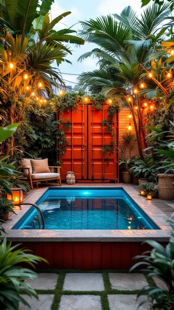 A small container pool surrounded by lush plants and warm string lights with a bright orange background.