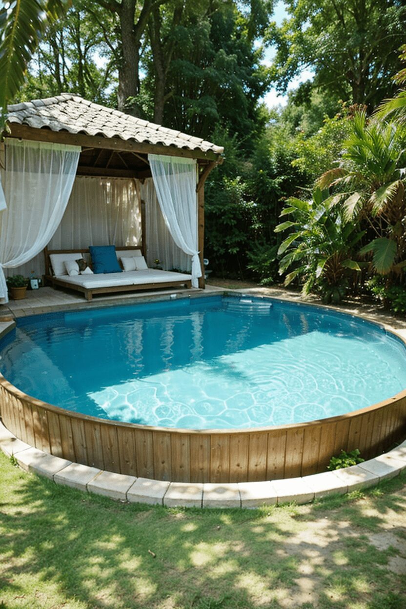 above ground pool with curtains and shade hut