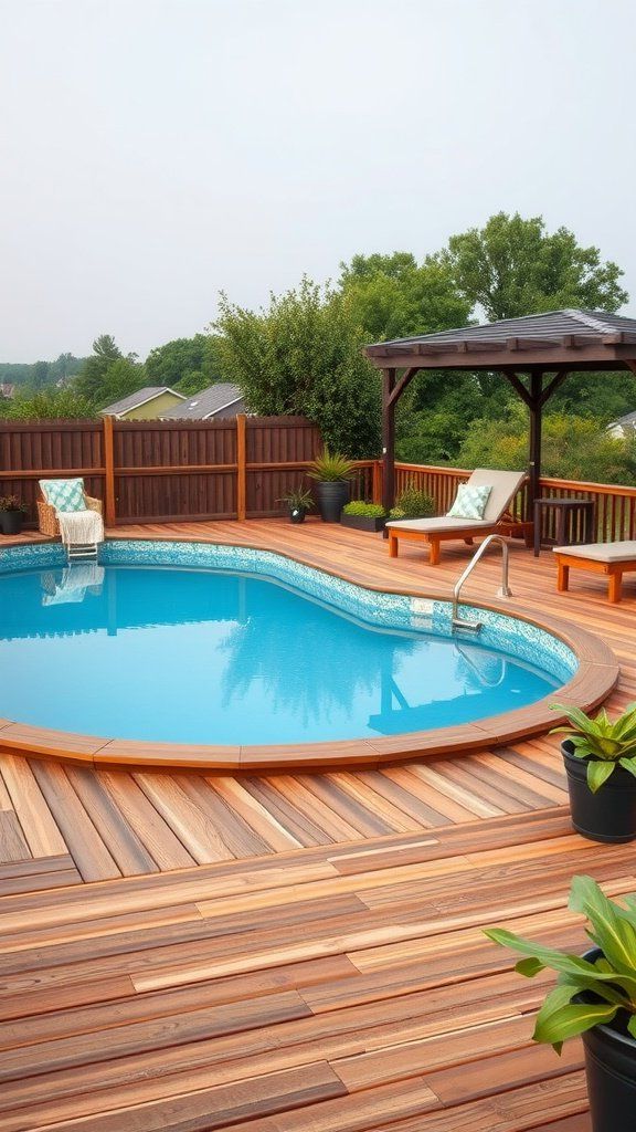 Wooden deck surrounding an above ground pool with lounge chairs and plants