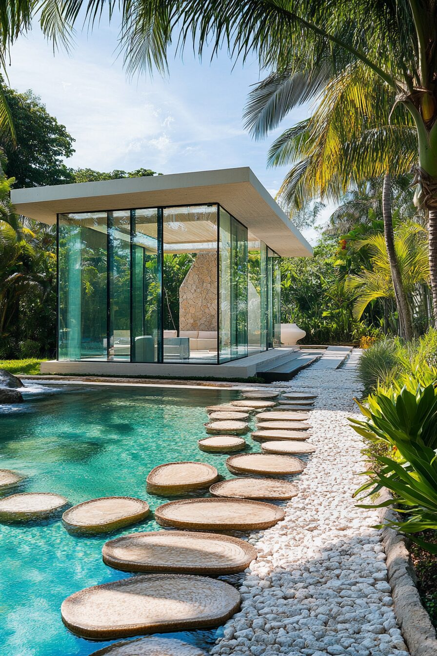 Pool house. Modern glass structure with stone path, tropical plants and panorama of turquoise pool.
