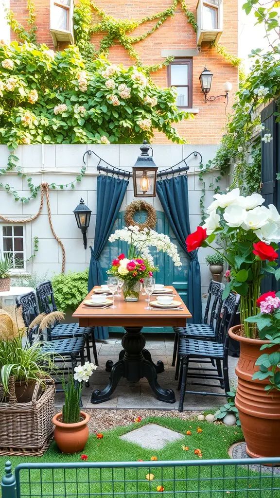 A beautifully arranged dining table in a small garden surrounded by flowers and greenery.