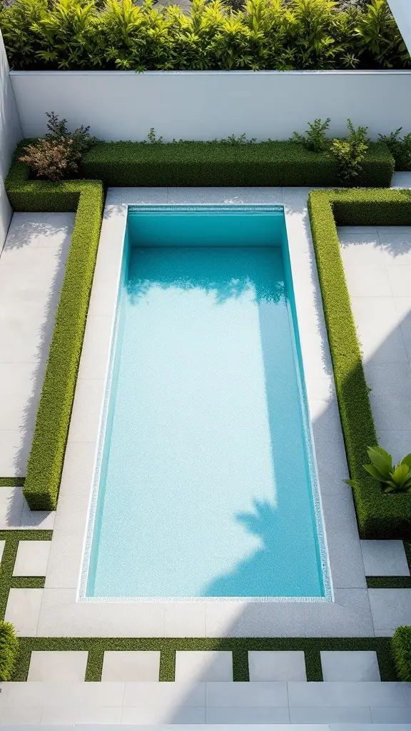 Geometric pool with modern landscaping featuring trimmed hedges and smooth patio tiles.