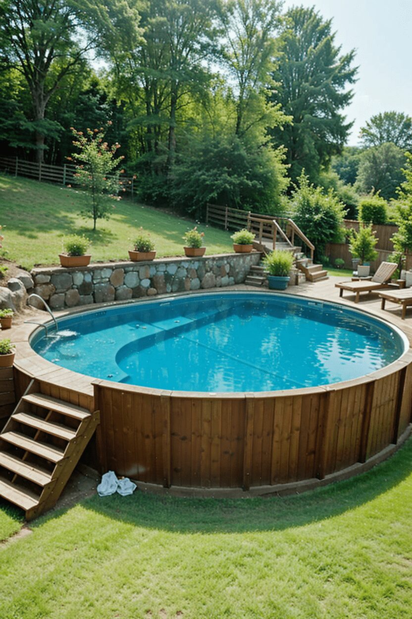 Wide shot of a multi-level deck surrounding an above-ground pool, featuring distinct zones for relaxation, dining, and sunbathing