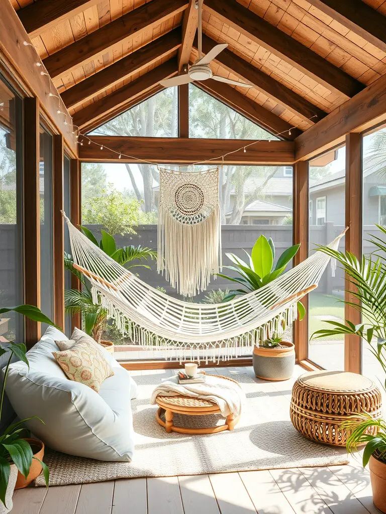 A stylish screened back porch featuring a hammock, plants, and cozy seating.