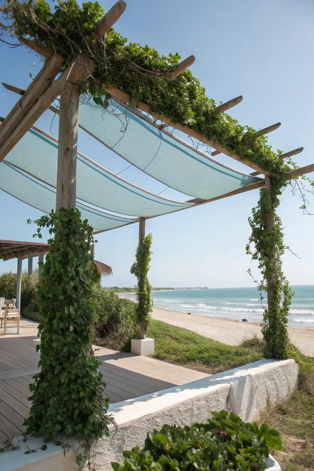 Canvas sail shades bring a nautical vibe to outdoor spaces.