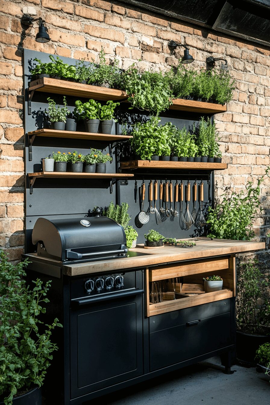 An outdoor kitchen with wall-mounted shelves, hooks for utensils, and a vertical garden with potted herbs, all arranged around a compact cooking station with a grill and countertop.