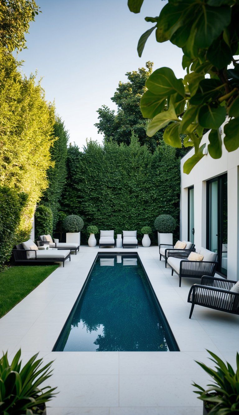 A sleek, modern backyard with a geometric pool, surrounded by lush greenery and stylish outdoor furniture. A chic, urban oasis