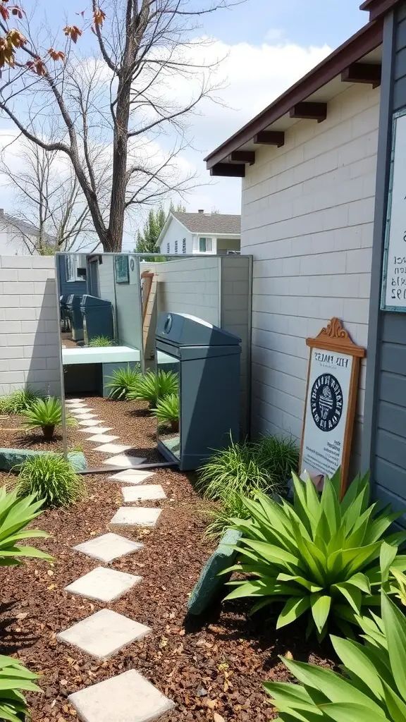 A garden path featuring a mirror reflecting the surroundings, with green plants and a trash bin nearby.