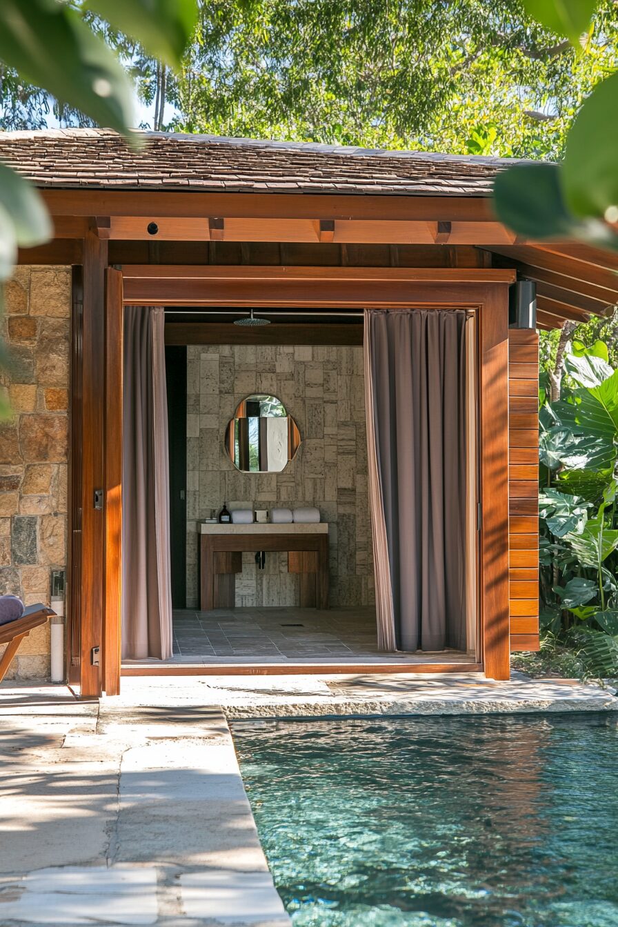 Pool house. Teak sliding doors leading to flagstone outdoor shower and velvet-curtained changing cabana.