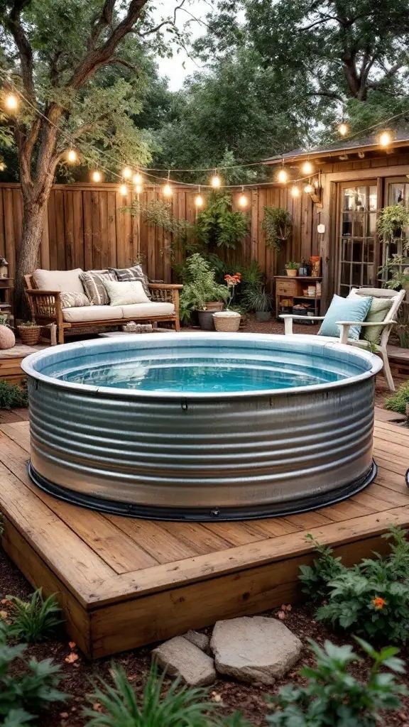 A cozy stock tank pool on a wooden deck with string lights and comfortable seating.