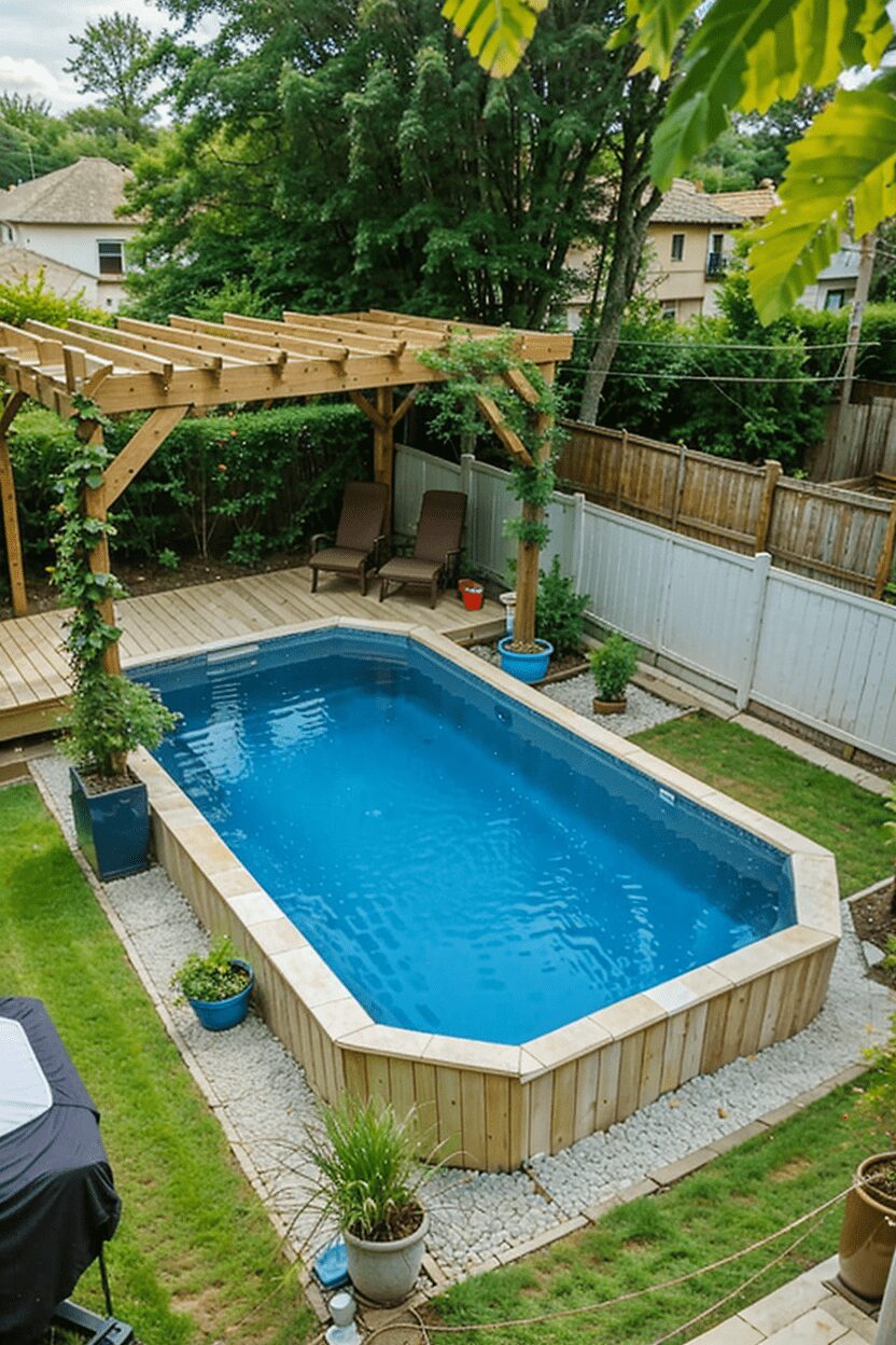 above ground pool with fence and wooden pergola privacy