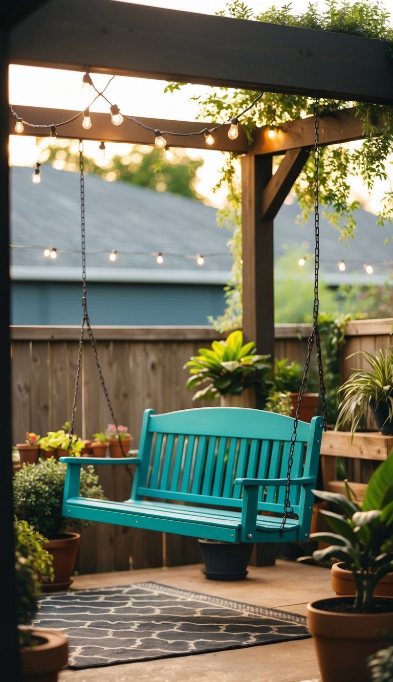 A swinging bench hangs from a sturdy frame on a cozy backyard patio, surrounded by potted plants and twinkling string lights