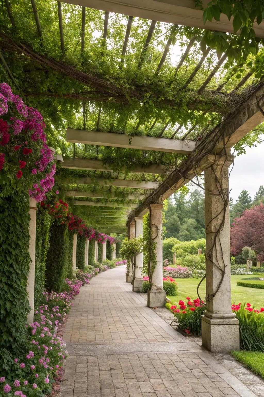 Hanging gardens offer shade and vibrant greenery.